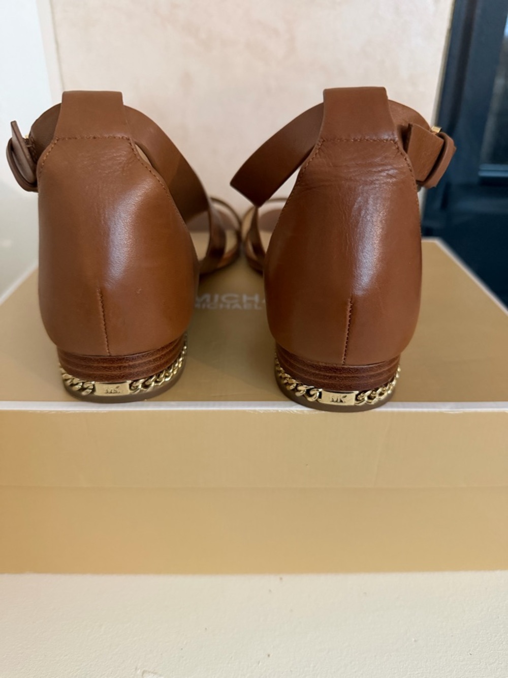 Michael Kors Sabrina Brown Leather Strappy Sandals with Gold Chain Accent - Picture 3 of 10